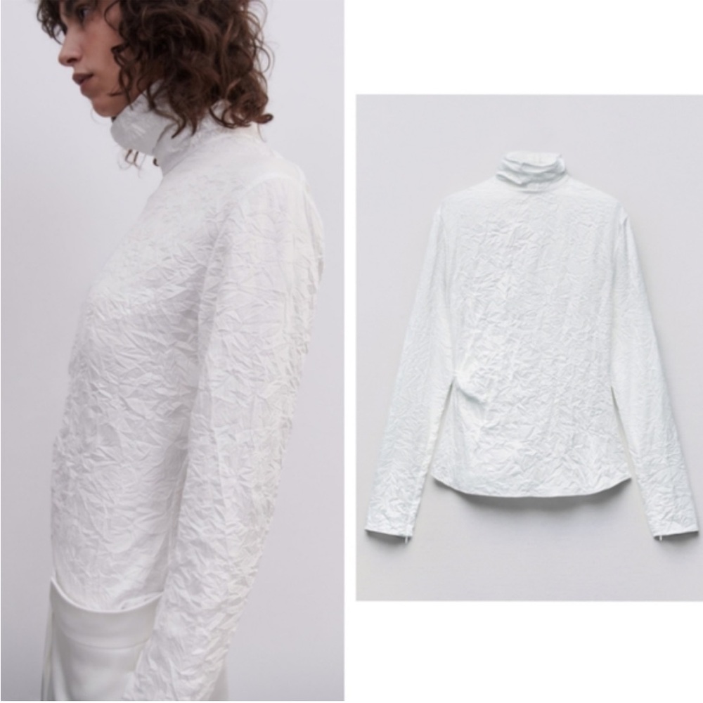 Zara White Wrinkled Zippered Top